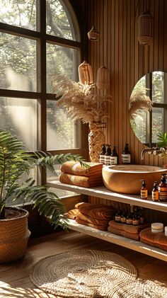 a bathroom with lots of natural items in it