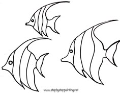 three fish swimming in the ocean coloring page