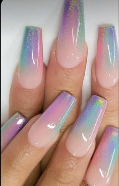 Coffin Ombre, Nails With, Unicorn Nails Designs, Unicorn Nail Art, Ombre Acrylic, Unghie Sfumate, Nails Ombre, Unicorn Nails, Colorful Nails