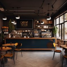 an empty restaurant with wooden tables and chairs