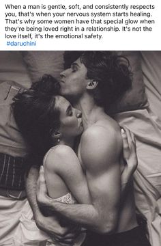 a man and woman kissing in bed with the caption that reads, when a man is