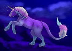 a purple and blue unicorn standing on its hind legs in the night sky with stars