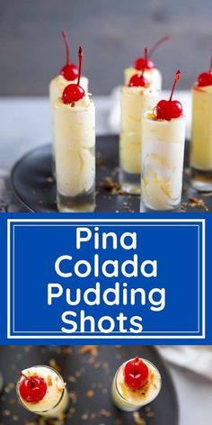 pina colada pudding shots on a black plate with blue sign and white table cloth