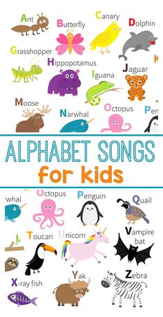 the alphabet song for kids with pictures of animals, birds and other things on it