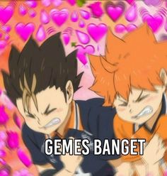 two anime characters in front of hearts with the words, gems banget on them