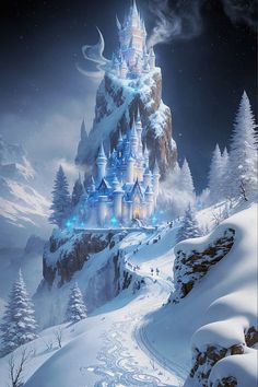 a castle in the middle of a snow covered mountain with trees and lights on it