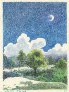 a drawing of a landscape with trees, clouds and a half moon in the sky