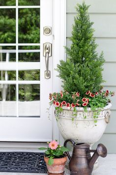 a potted plant sitting next to a watering can with flowers in it on the front porch