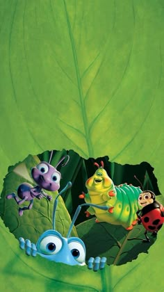 the very cute bugs and their friends are in the green leaf with one bug on it's back