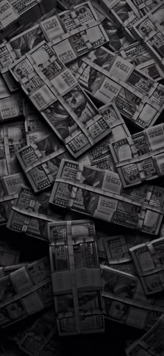 black and white photograph of many stacks of money