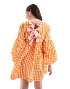 ASOS DESIGN mini textured smock dress in orange and pink gingham | ASOS Gingham Trend, Volume Sleeves, Gingham Fashion, Orange And Pink, Pink Gingham, Gingham Dress, Maxi Dress Trend, Hoodies For Sale, Orange Dress