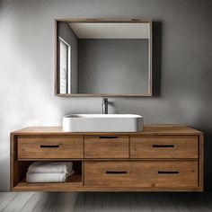 a bathroom with a sink, mirror and drawers