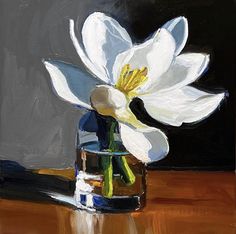 a painting of a white flower in a glass vase