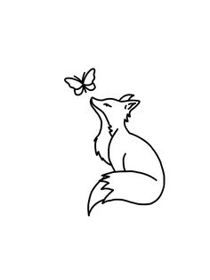 a black and white drawing of a fox with a butterfly on its nose