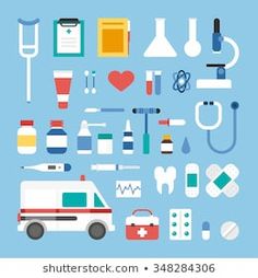 various medical items are arranged on a blue background