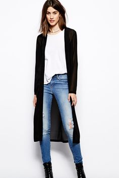 The Expensive-Taste Guide To ASOS Long Cardigan Outfit, Long Black Sweater, Long Black Cardigan, Black Cardigan Sweater, Sheer Kimono, Cardigan Outfits, Mode Inspiration, Long Black, Fall Winter Outfits