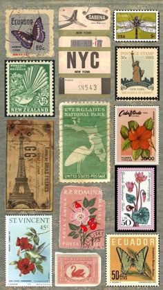 many different stamps with flowers and birds on them, including the eiffel tower