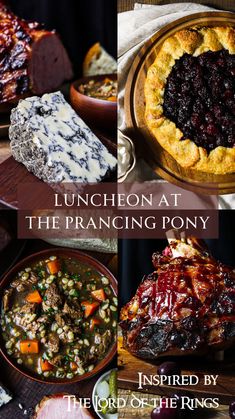 luncheon at the prancing pony with meat, fruit and vegetables in bowls