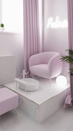 a living room with pink furniture and curtains