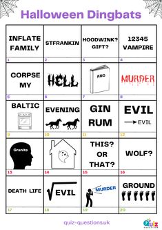 Halloween Dingbats Halloween Brain Teasers, Dingbats With Answers, Mind Games Puzzles With Answers, Halloween Jeopardy, Halloween Quiz For Adults, Halloween Jepordy Questions And Answers, Halloween Jepordy Questions, Halloween Quizzes, Halloween Puzzles Printables