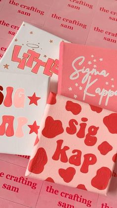 three different types of greeting cards on pink paper with red and white hearts, stars, and letters