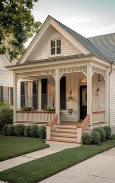 a white house with black shutters on the front porch and steps leading up to it