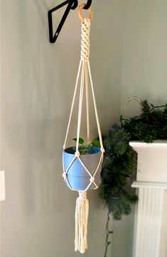 a potted plant hanging from a hook in a room with a white fireplace and grey walls