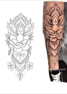 a woman's leg with a tattoo on it and an image of a flower