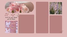 pink flowers are in the center of this collage with words on it and pictures below