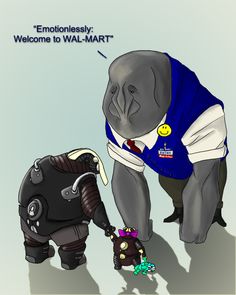 an elephant is standing next to a man in a blue shirt and black pants, with the caption'emotionally welcome to wal - mart '