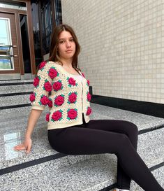 Please look at this beauty  I can make one for you if you desire Vintage Granny Square, Crochet Jacket Pattern, Rose Jacket, Floral Pullover, Cardigan Crochet, Crochet Vintage, Embroidered Cardigan, Floral Sweater, Crochet Square Patterns