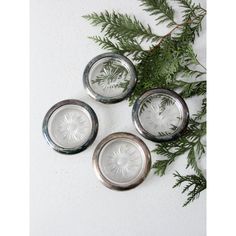 three glass dishes sitting on top of a table next to green leaves and branches in front of a white wall