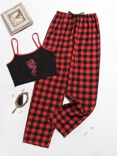 Plaid Pjs, Red And Black Outfits, Dragon Graphic, Red Pajamas, Cute Pjs, Pajama Outfits, Dream Outfits, Pant Sets, Pj Pants