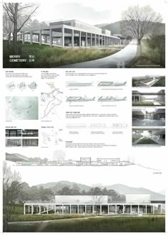 an architectural drawing shows the various sections of a building and its surrounding area, with trees in