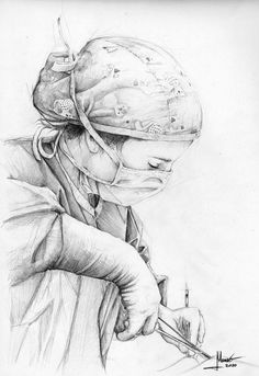 a pencil drawing of a person with a surgical mask on and holding a needle in their hand