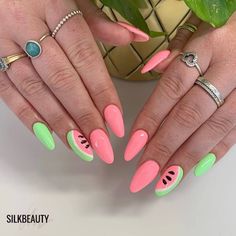 Watermelon Nails Acrylic, Watermelon Nail Designs, Watermelon Nail, Watermelon Nail Art, Fruit Nail Designs, Bright Nail Designs, Fruit Nail Art, Watermelon Nails, Colors 2023