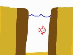 an animated drawing of a fish in the water between two tall pillars with blue lines on them