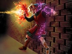 a woman in a red dress is standing near a brick wall with fire coming out of it