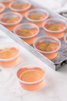 champagne jello shots in plastic cups on a tray with the words champagne jello shots