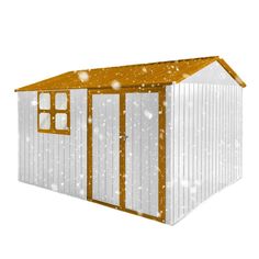 a white and brown shed with snow falling on the ground next to it's windows