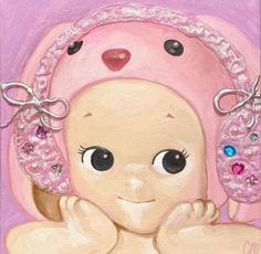 a painting of a baby wearing a pink hat and holding her hands to her chest