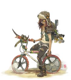 a drawing of a person riding a bike with lots of items on it's back