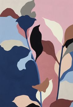 an abstract painting with blue, pink and green leaves