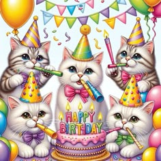 three cats are standing in front of a birthday cake with candles and confetti