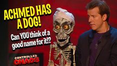 a man standing next to a skeleton in front of a red background with the caption, schmed has a dog can you think of a good name for it?