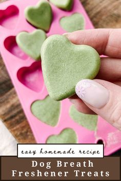 a person holding a heart shaped cookie in their hand with the words, easy homemade recipe dog breath freshener treats