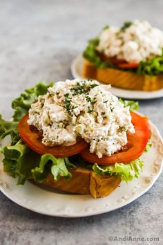 two white plates with sandwiches on them sitting on a counter top, one has chicken salad and the other has lettuce