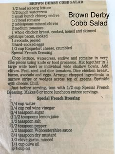 the recipe for brown derby cobb salad is shown on top of a piece of paper