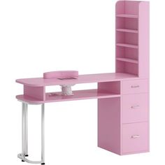 a pink desk with shelves and drawers on it's sides, against a white background