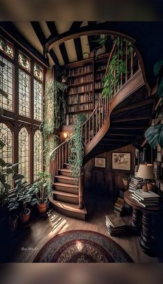 a staircase in a house with lots of plants on the floor and bookshelves